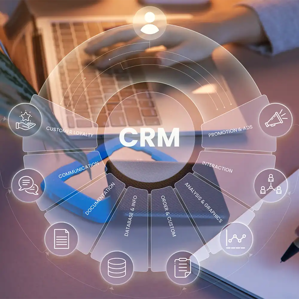 Hologram displaying the word " CRM " and visuals related