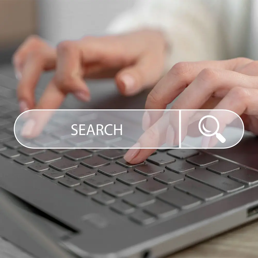 Woman writing on a laptop displaying search bar